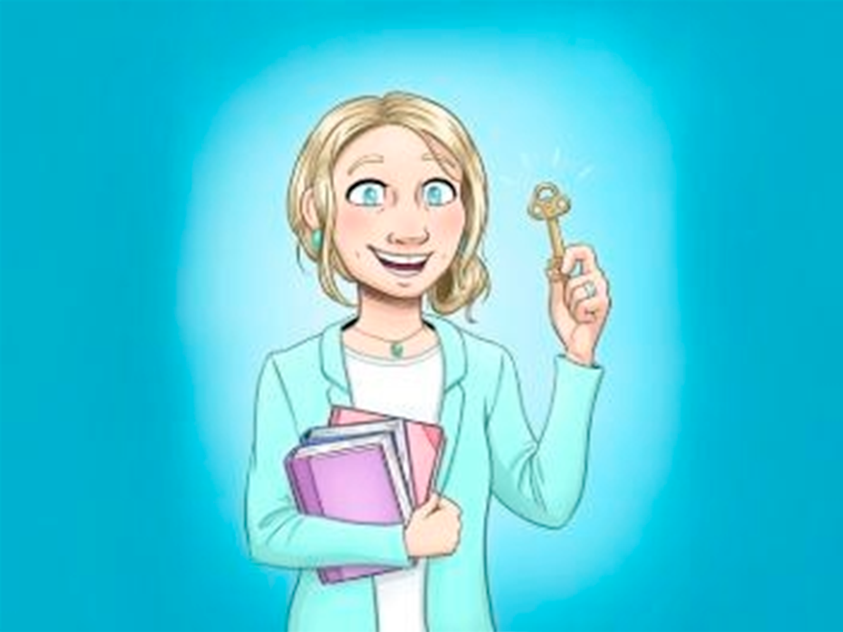Tecknad kvinna som håller en bok i vänstra handen en nyckel i högra 
